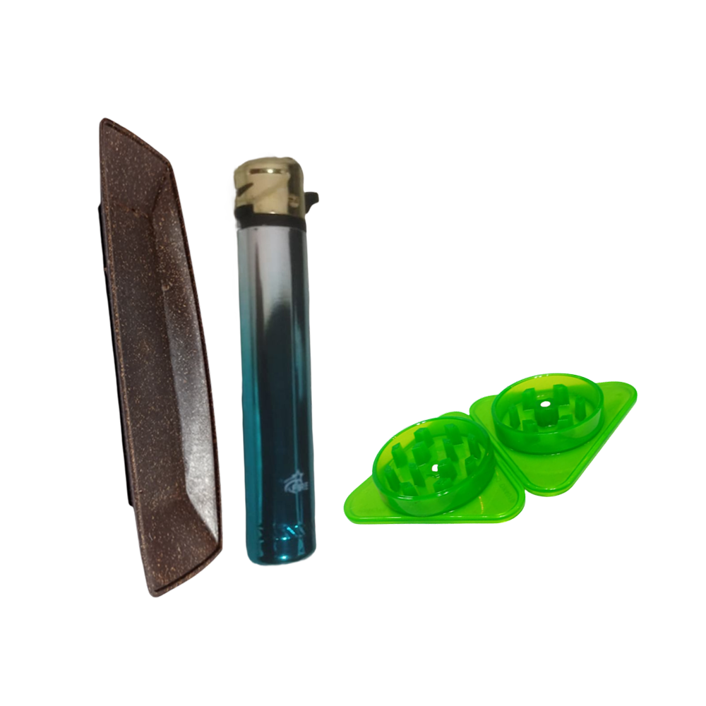 Kit 1 Triturador Acrílico, Isqueiro fire slim, Bandeja fibra de coco